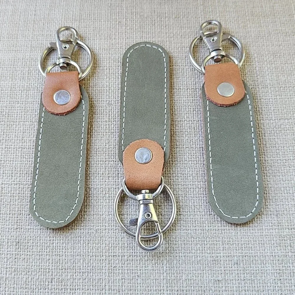 Lot of 3 Keychains Dual Color Brown/olive Genuine Leather Keys Holder Handmade